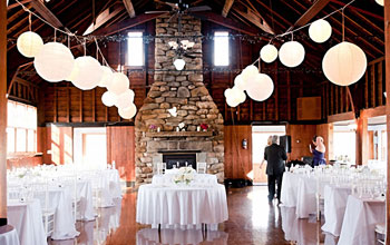 The function hall set up for a dinner